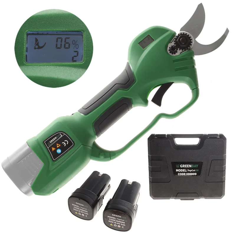 Sécateur de taille à batterie GreenBay TopCut 28 - 2 batteries de 16.8V - 2Ah - Diamètre de coupe 28 mm