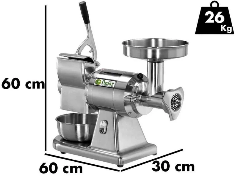 Fimar TC12AT - Hachoir à viande électrique avec râpe intégrée - 400 V - 1 CV - Groupe de hachage INOX - Sans inverseur de marche