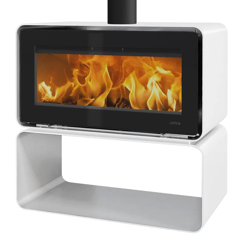 Poêle à bois Lotus Living Cube Alpin White, évacuation des fumées par le haut