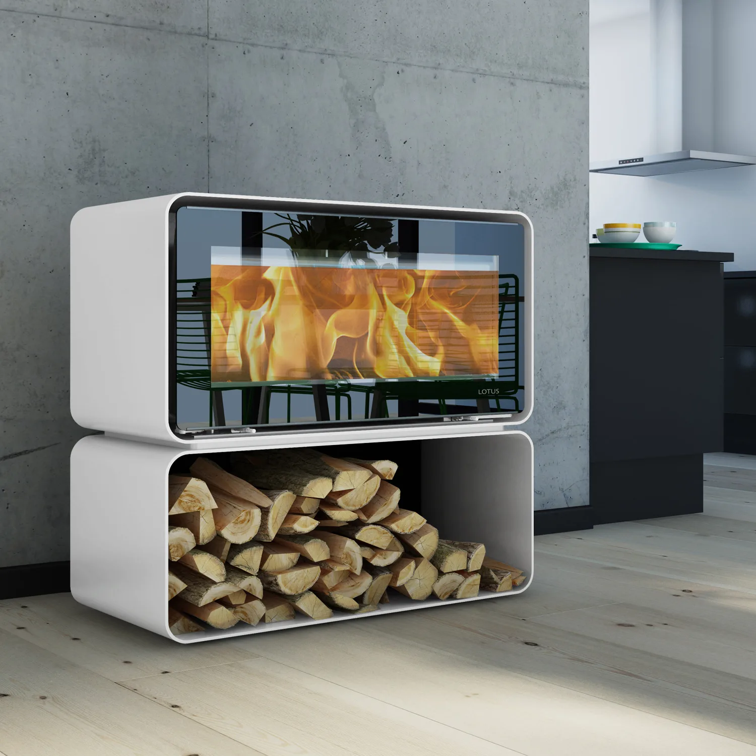 Poêle à bois Lotus Living Cube Alpin White, évacuation des fumées à l'arrière