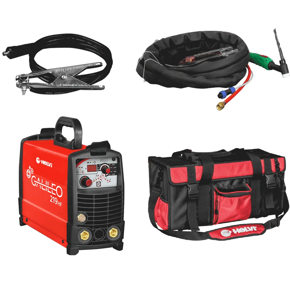 Helvi Galileo TIG219 HF - Poste à souder Inverter (MMA, TIG HF ou LIFT) + Kit sac, à courant continu (DC)