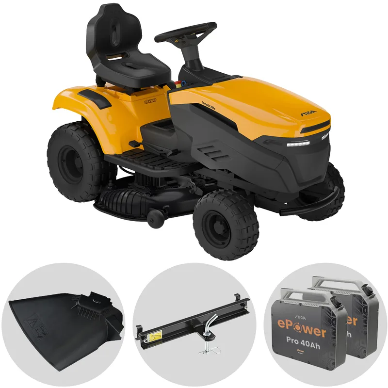 Stiga Tornado 398e - Kit Tracteur tondeuse avec 2 modules de batterie ePower Pro de 56V/40Ah - Éjection latérale et mulching