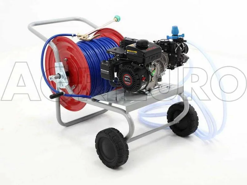 Groupe Motopompe de pulvérisation Comet MTP MC 25 moteur 4 temps Loncin 148F-2 et chariot