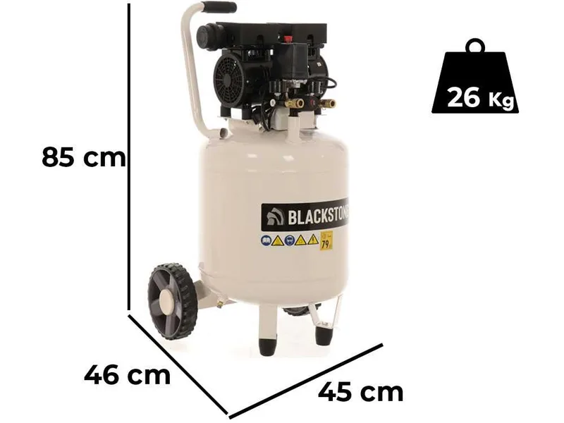 BlackStone V-SBC50-10 - Compresseur d'air silencieux oilless - Moteur 1 CV - 50 L Vertical