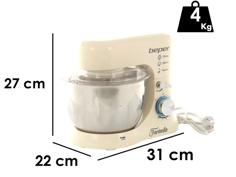 BEPER - Batteur mélangeur planétaire - Cuve de 4,5L en acier inox - 3 crochets inclus - 1000W