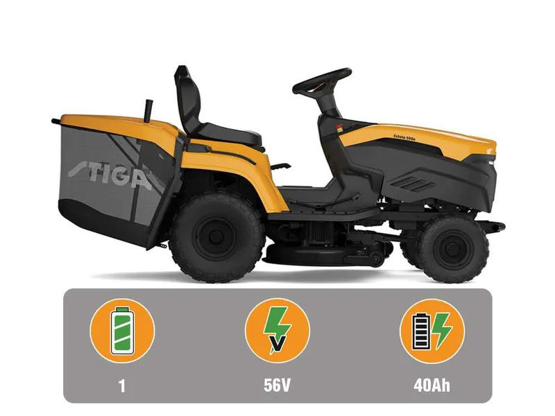 Stiga Estate 598e - Kit Tracteur tondeuse avec 1 module de batterie ePower Pro de 56V/40Ah - Bac de ramassage et mulching