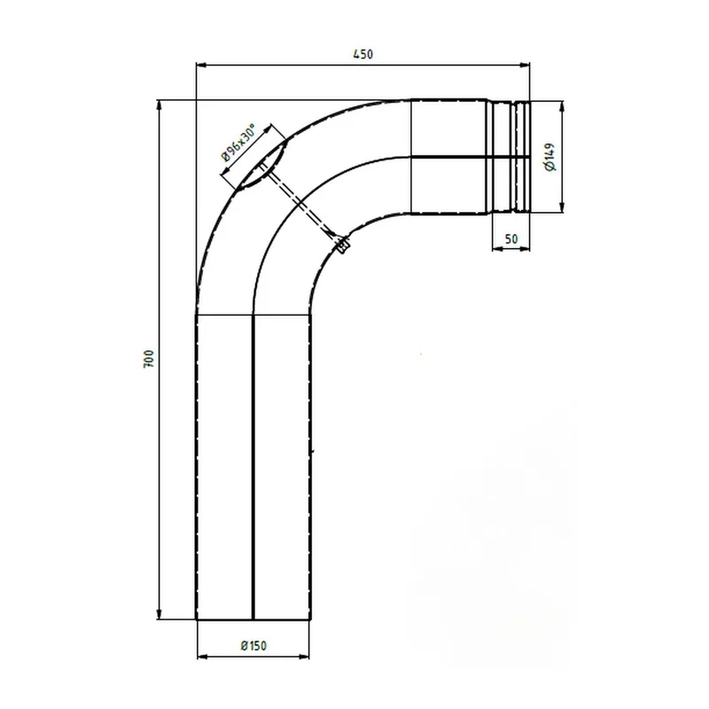 Raik coude LS diamètre 150/90° 2,00mm lisse 700/450 avec porte intégrée noir