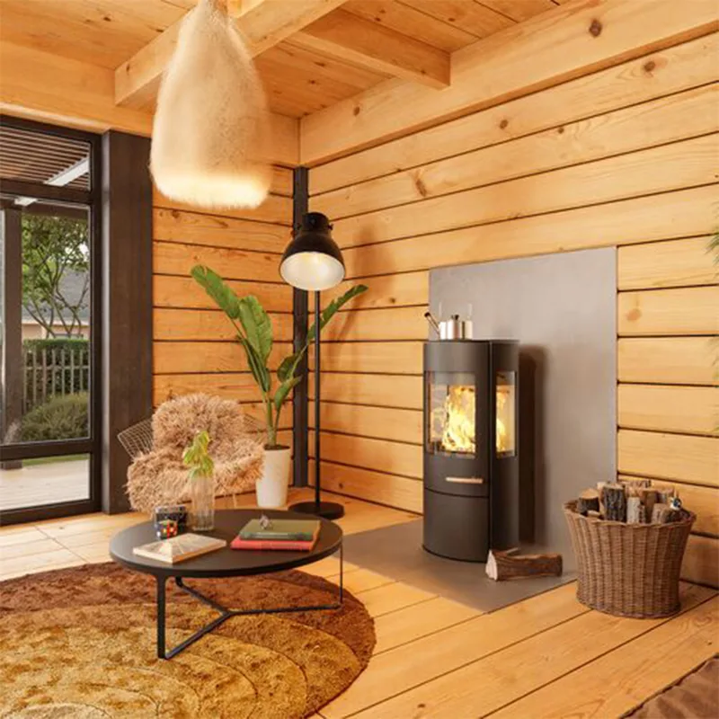 Haas+Sohn VITUS.l acier poêle à bois 3 vitres avec plaque de cuisson avec compartiment range-bûches et porte noir profond