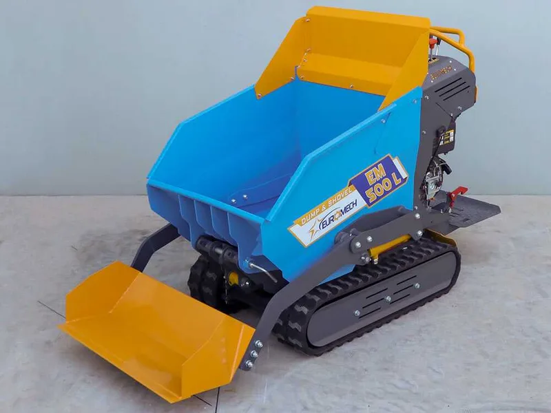 EuroMech EM500L-Dump & Shovel - Brouette à chenilles hydraulique 500 kg avec benne dumper et godet frontal - Transmission hydrostatique