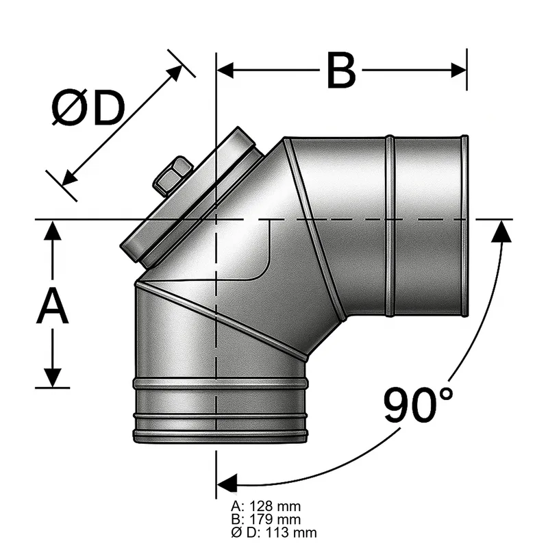 Schiedel PRIMA PLUS coude 90° Ø113 mm avec fermeture de révision pour combustibles solides simple paroi mat