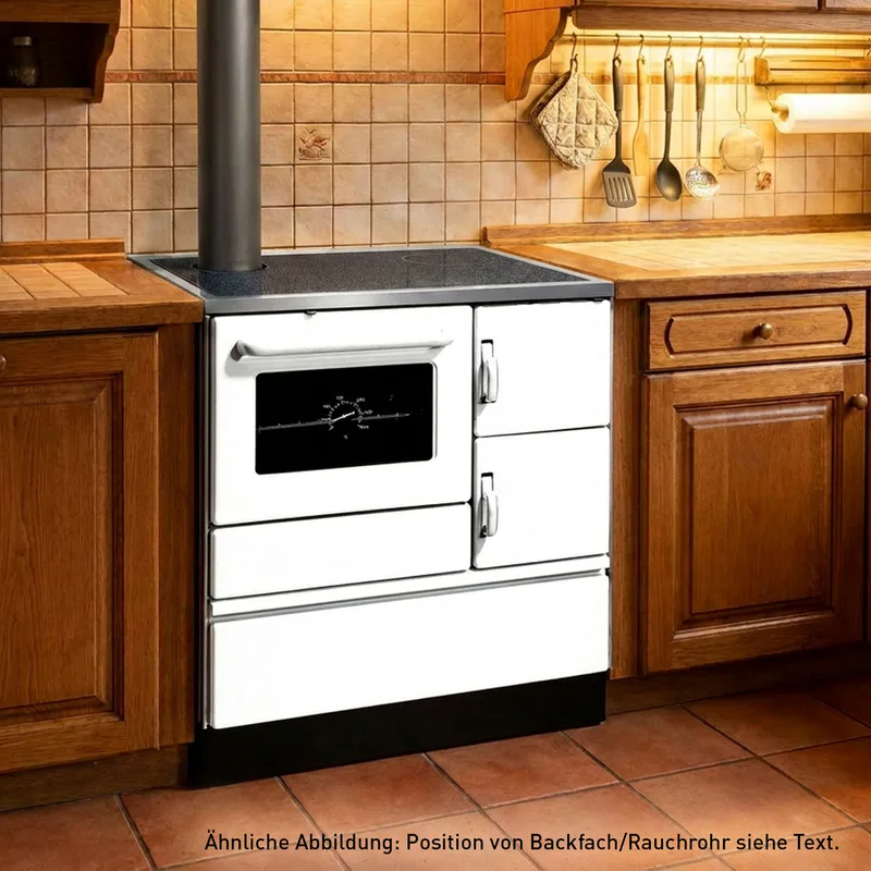 Wamsler K 128 Cuisinière à bois à droite blanc avec plaque vitrocéramique raccordement par le haut
