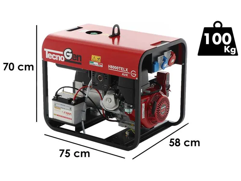 TecnoGen H8000TELX - Groupe électrogène à essence dém. électrique 6 kW - Continu 5.4 kW Triphasé