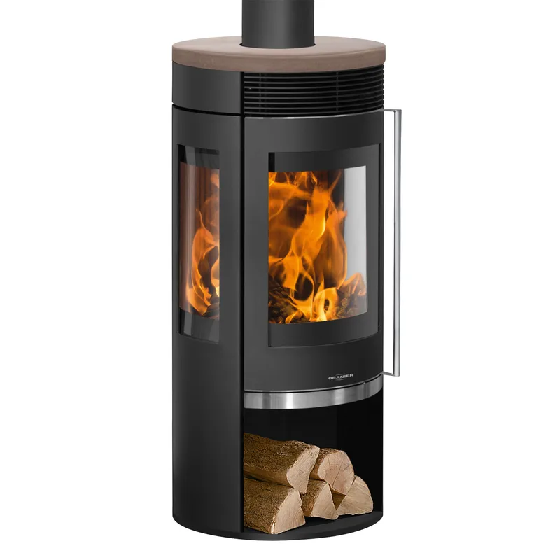 Oranier Rota TRE 2.0 Poêle à bois en acier noir avec plaque de recouvrement en céramique Grappa