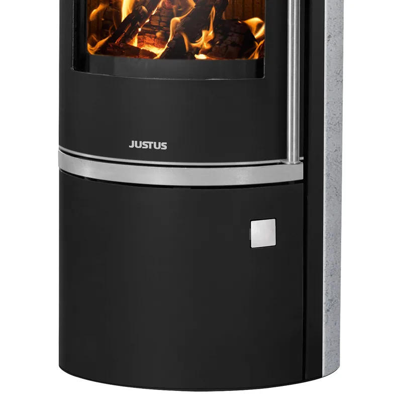 Justus Faro W+ 2.0 Poêle à bois en acier noir avec revêtement en stéatite.