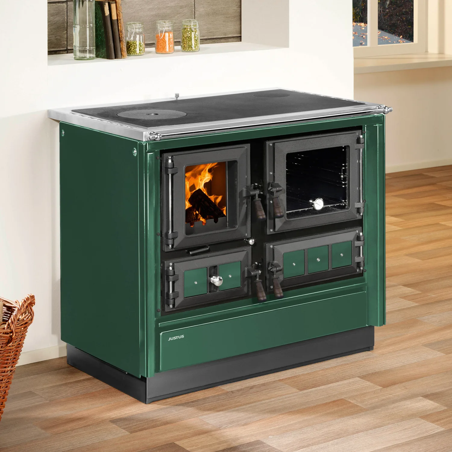 Justus Rustico-90 2.0 Poêle à bois en acier vert, four à droite