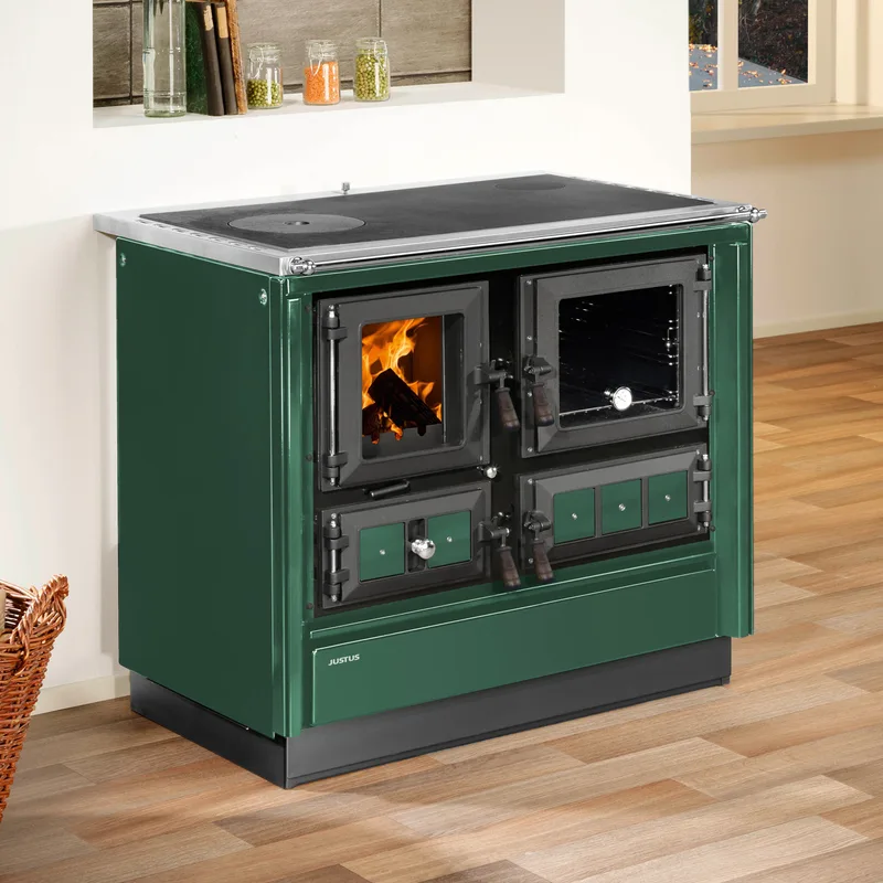 Justus Rustico-90 2.0 Poêle à bois en acier vert, four à droite