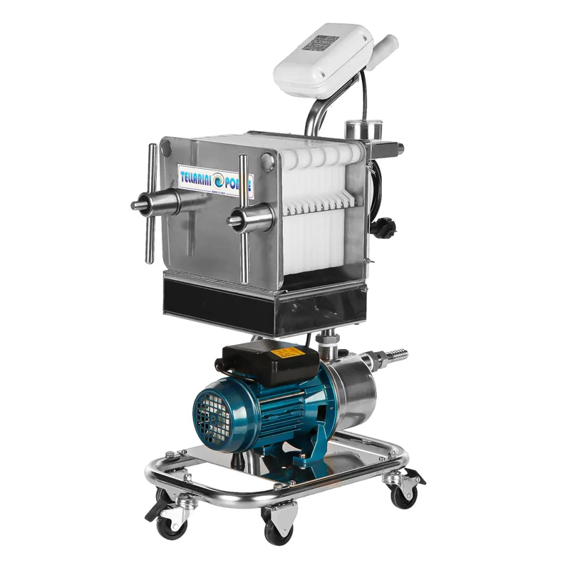 Tellarini CrystalPro Plus 10 - Filtre à plaques pour vin sur chariot - Pompe INOX