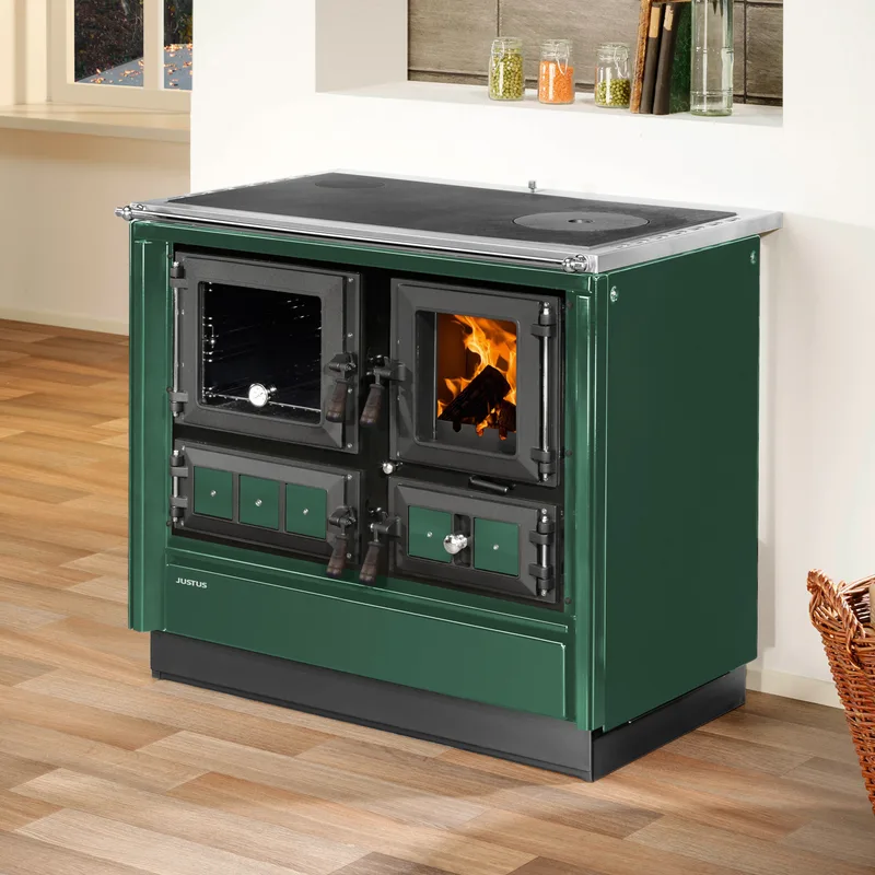 Justus Rustico-90 2.0 Cuisinière à bois en acier vert, four à gauche