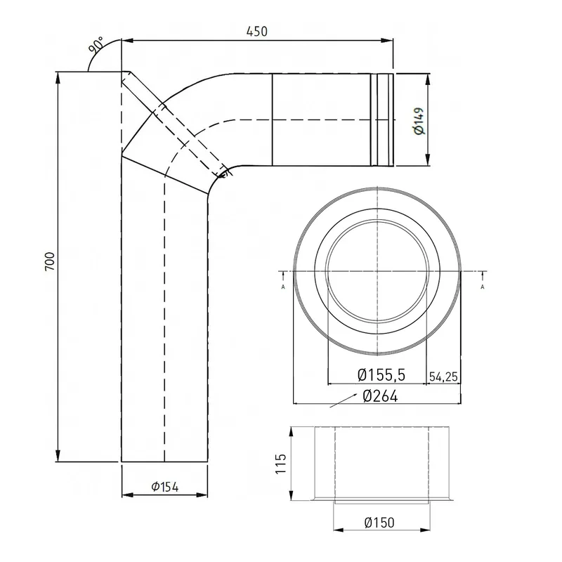 Raik set WBG LS diamètre 150/90° 2,00mm 3-pièces 700/450 avec porte intégrée gris