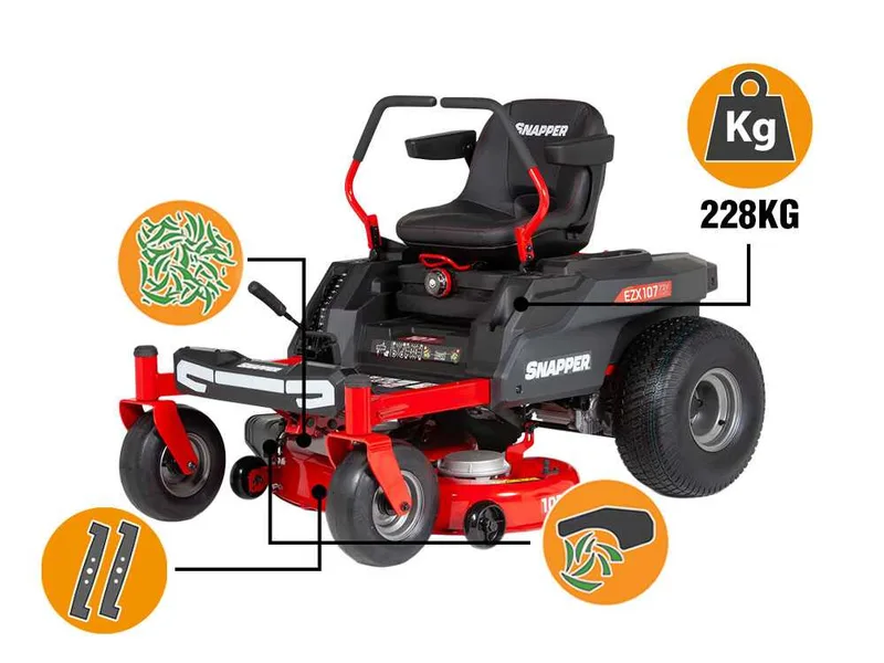 Snapper EZX107 - Tondeuse autoportée à batterie à rayon de braquage zéro - 72V/44Ah - Largeur de coupe 107 cm - 2 en 1