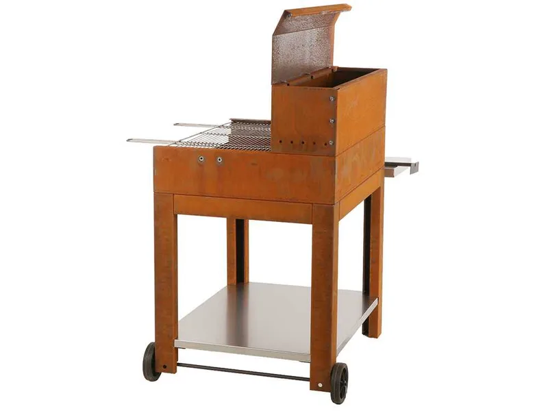 Folpo - Barbecue à bois et à charbon en acier Corten avec chariot