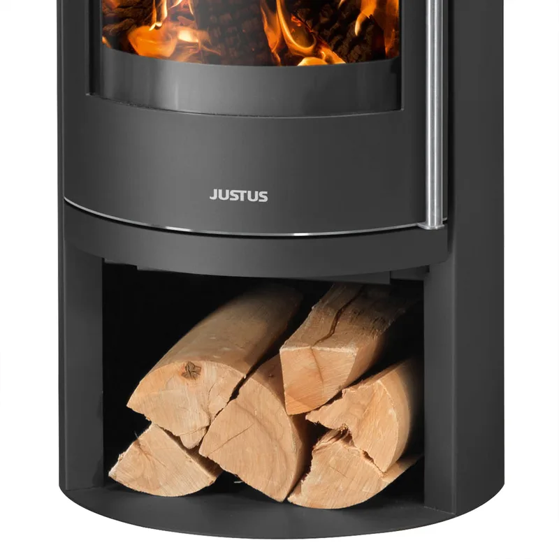 Justus Mino 2.0 Poêle à bois en acier noir avec plaque de recouvrement en pierre de sable.