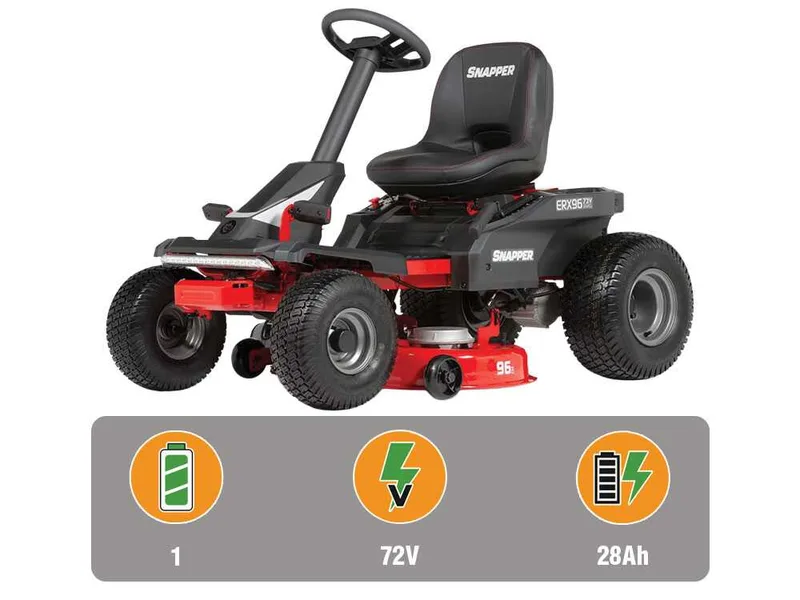Snapper ERX96 - Tondeuse autoportée à batterie 72 V/28 Ah - Éjection latérale et mulching