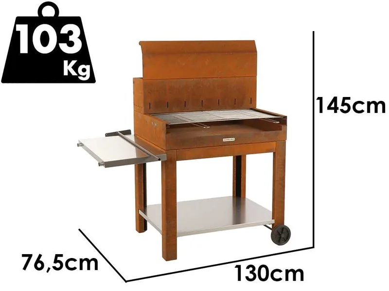 Folpo - Barbecue à bois et à charbon en acier Corten avec chariot
