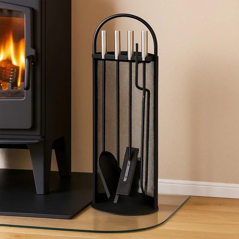 Ensemble d'accessoires de cheminée Albert, 4 pièces, noir, poignées en acier inoxydable, 66 cm