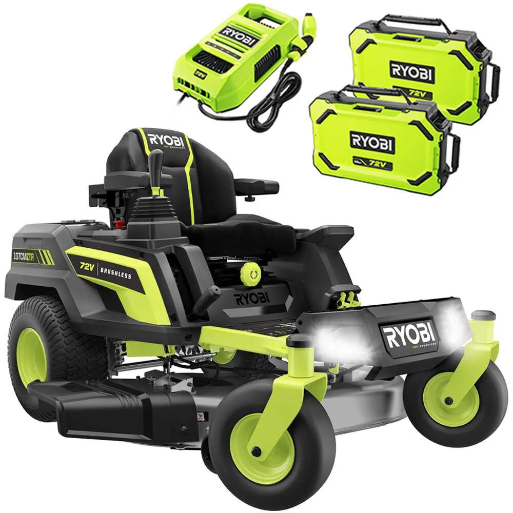Ryobi ZTRX107 - Tracteur tondeuse sur batterie rayon de braquage zéro - 72V/20Ah - coupe de 107cm - 2en1