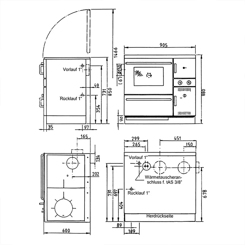 Wamsler K 148 CL poêle de cuisine avec conduit d'eau Noir / Or, conduit de fumée à gauche