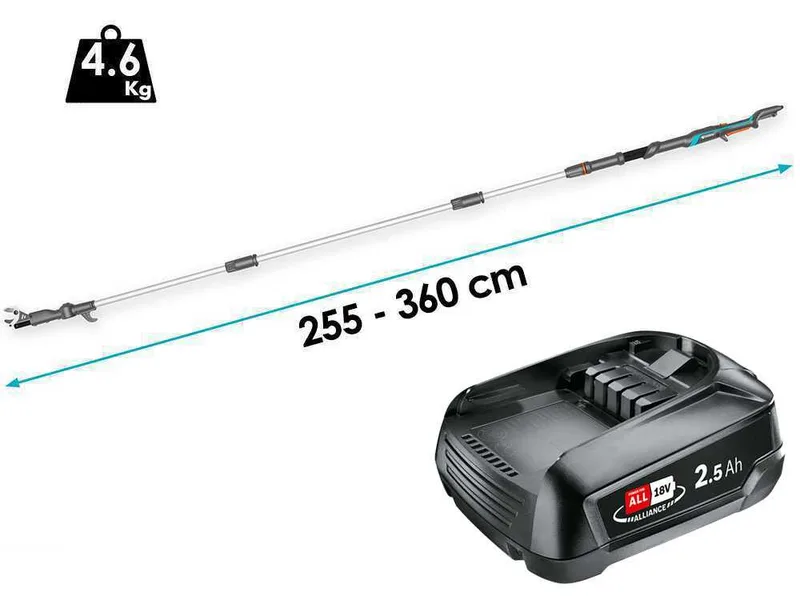 Gardena HighCut 360/18V P4A - Sécateur électrique de taille sur perche - 18V 2Ah - Diamètre de coupe 28 mm