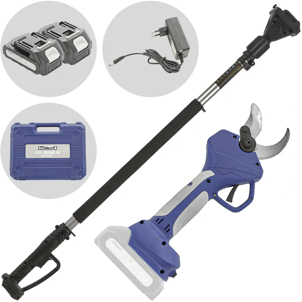 BullMach DIVIANE 40 - Sécateur électrique à batterie + Perche télescopique 130-200 cm - 2x21V 2Ah - Diamètre de coupe 40 mm