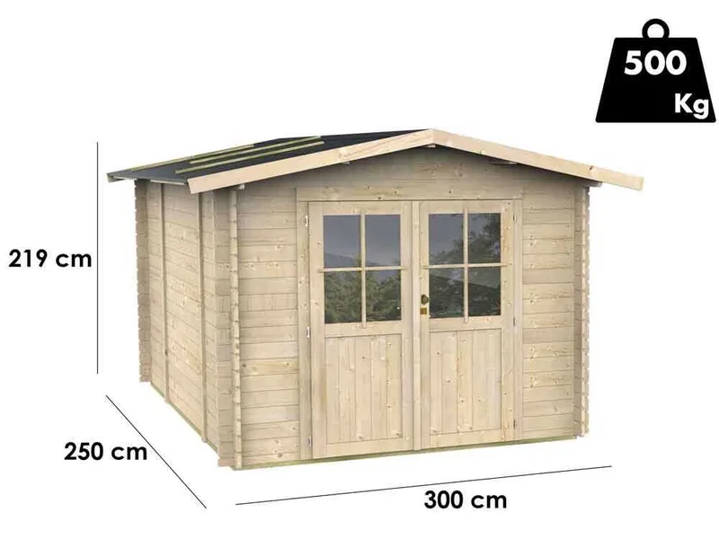Alce Opera 300x250 - Abri de jardin à bois - Avec fenêtres et porte à double battant - 300x250x219 cm