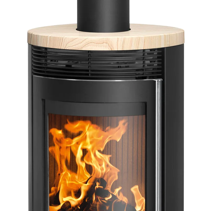 Poêle à bois Oranier Rota Top 2.0 en acier noir avec plaque de recouvrement en grès.