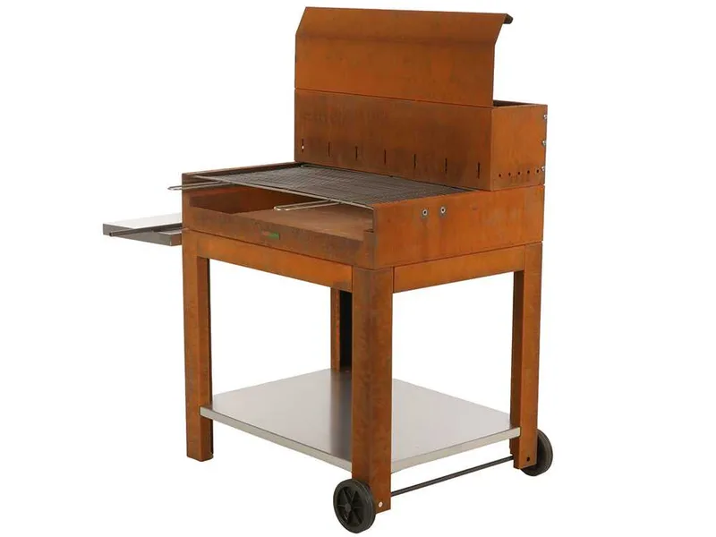 Folpo - Barbecue à bois et à charbon en acier Corten avec chariot