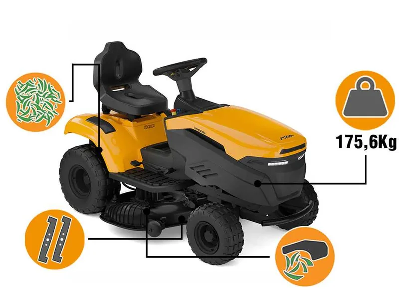 Stiga Tornado 398e - Kit Tracteur tondeuse avec 2 modules de batterie ePower Pro de 56V/40Ah - Éjection latérale et mulching