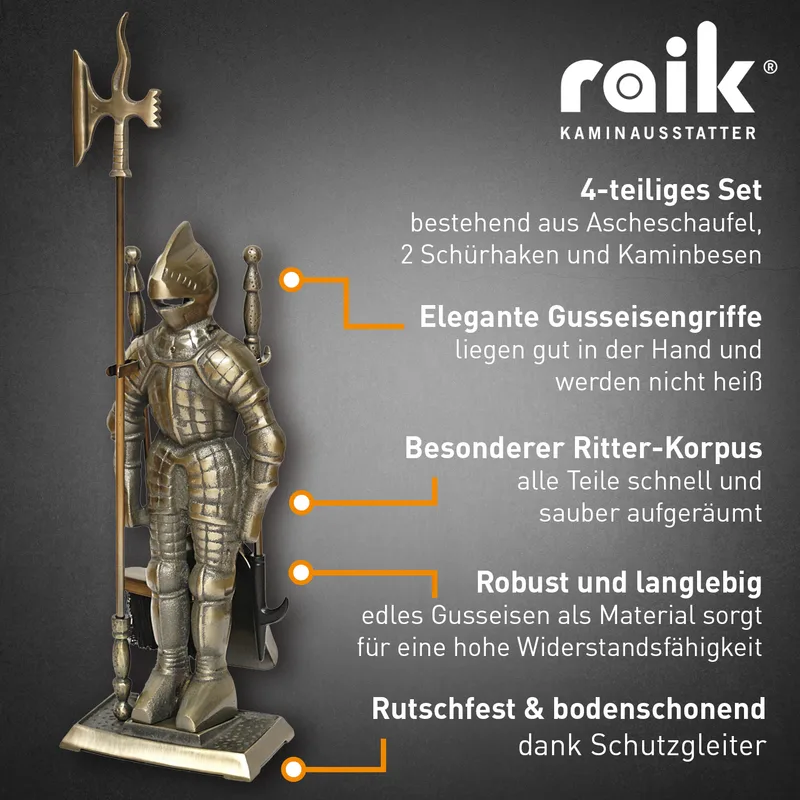 Ensemble d'outils de cheminée Chevalier Kunibert, 4 pièces, 73,5 cm