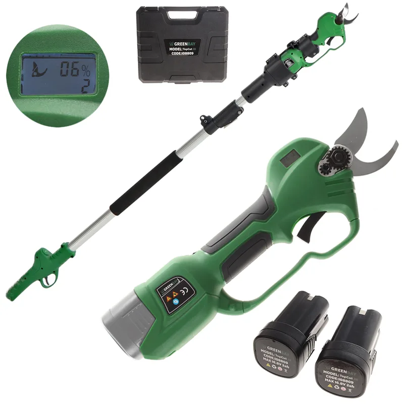 GreenBay TopCut 28 - Sécateur électrique de taille sur perche - 2x 16.8V 2Ah - 150/210 cm - Diamètre de coupe 28 mm