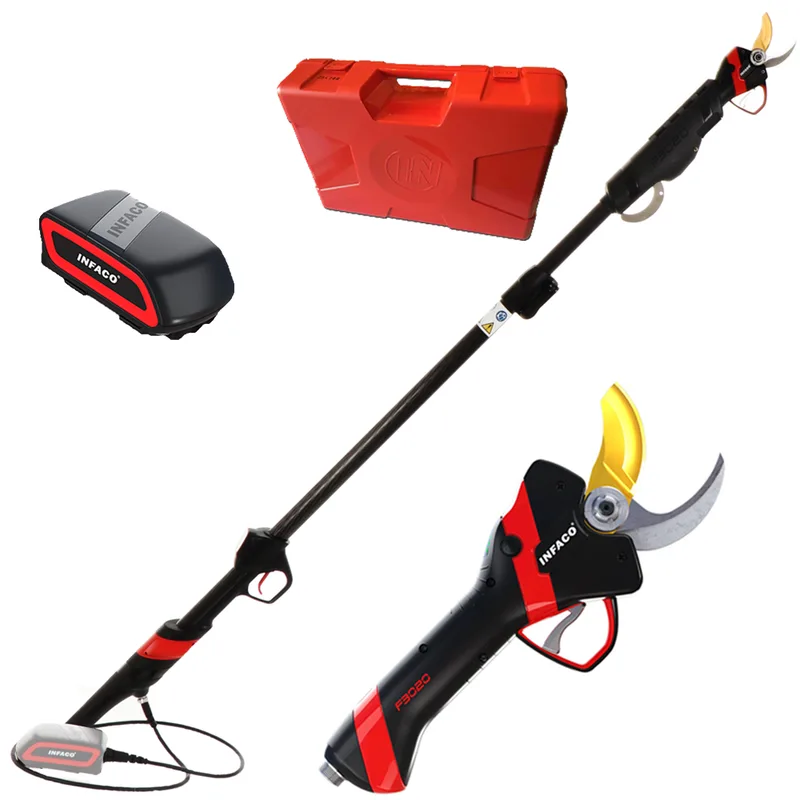 Sécateur électrique de taille Infaco F3020 sur perche de rallonge en carbone fixe 227 cm - Batterie et harnais inclus - Diamètre de coupe 40 mm