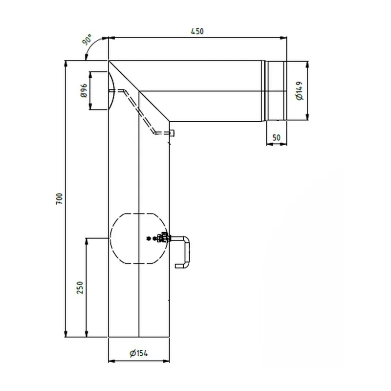 Raik coude LS diamètre 150/90° 2,00mm 2-pièces 700/450 avec porte intégrée avec modérateur de tirage noir