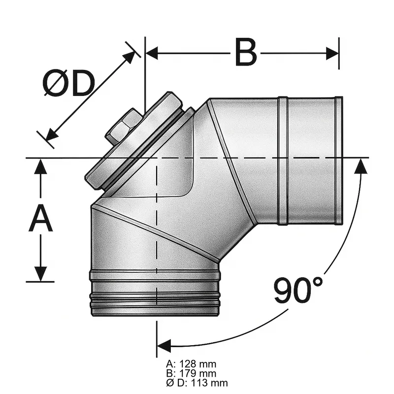 Schiedel PRIMA PLUS coude 90° Ø113 mm avec fermeture de révision pour huile/gaz simple paroi mat