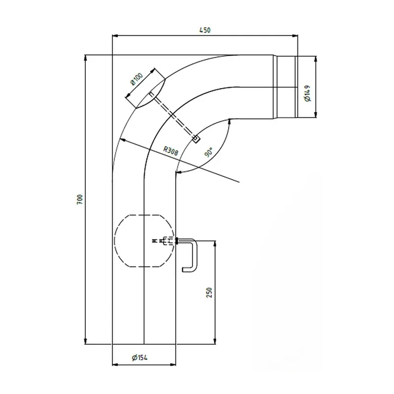 Raik coude LS diamètre 150/90° 2,00mm lisse 700/450 avec porte intégrée avec modérateur de tirage gris