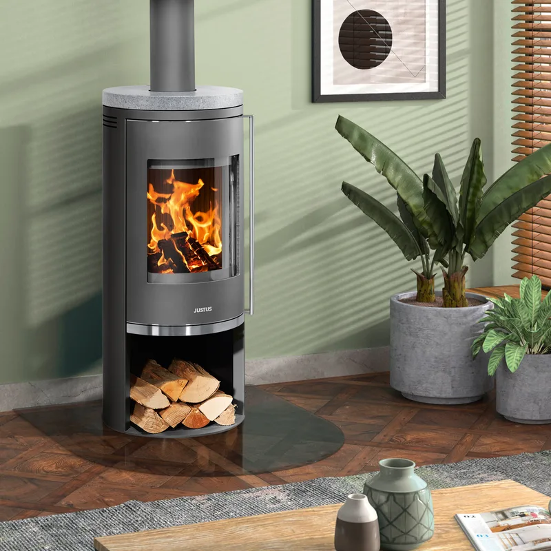 Justus Faro 2.0 Poêle à bois en acier gris fonte avec plaque de recouvrement en stéatite.