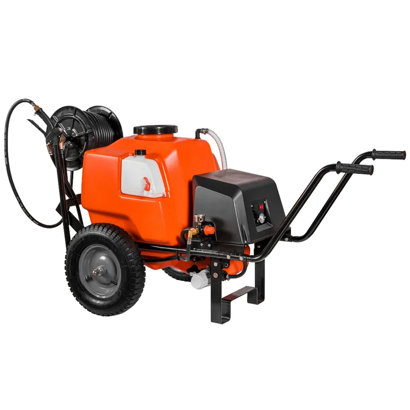 Pompe de pulvérisation à batterie Stocker 12V de 100 l art. 304 - Pompe de pulvérisation électrique sur chariot avec barre de pulvérisation et crochet d'attelage