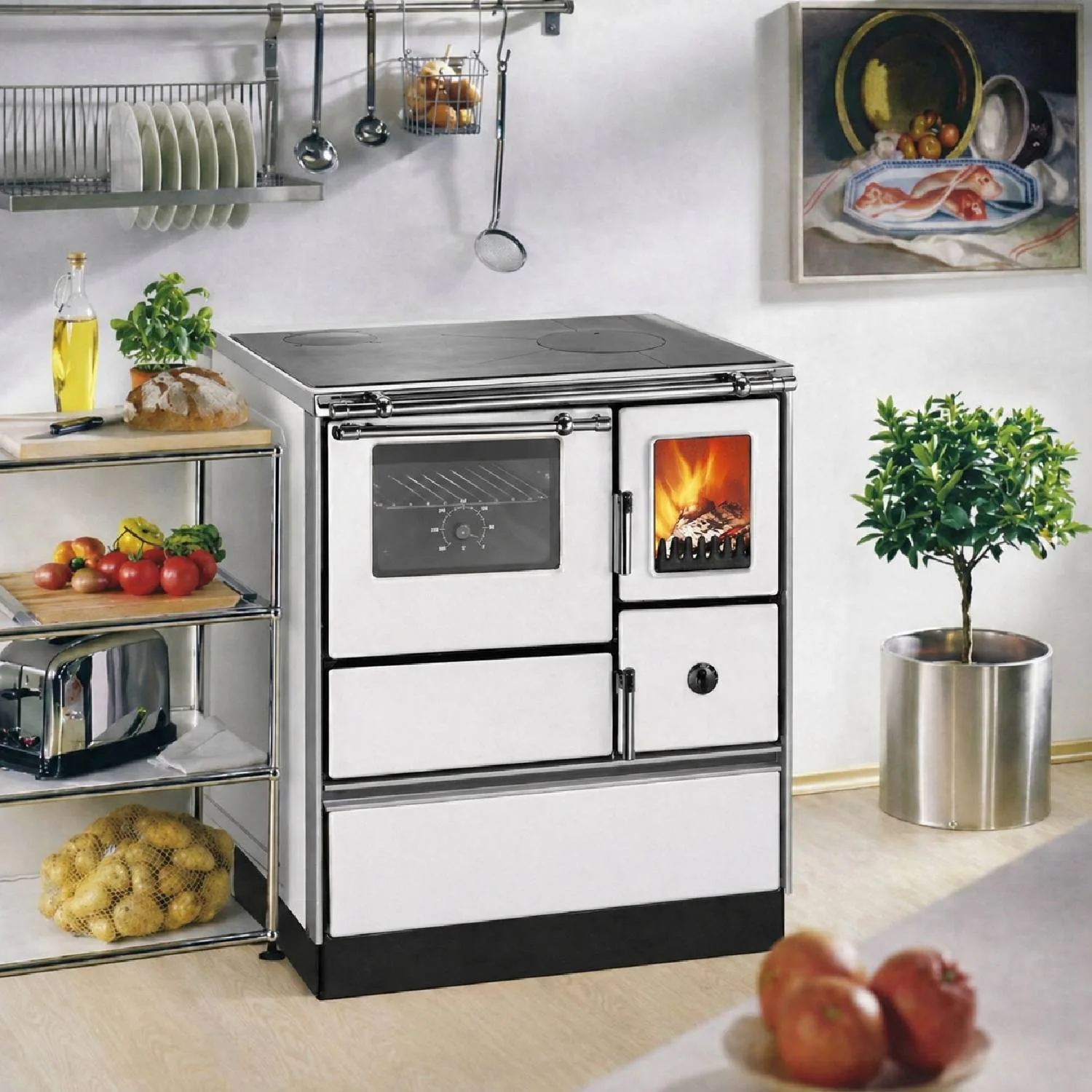 Westminster cuisinière à bois K 76F-70 avec fenêtre blanc raccordement tuyaux gauche