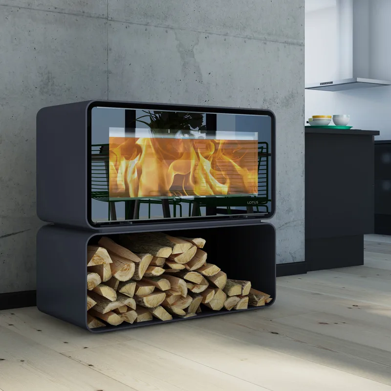 Poêle à bois Lotus Living Cube Ocean Dark, sortie de fumée arrière