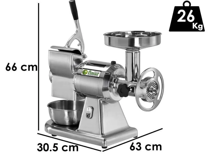 Fimar TC22T - Hachoir à viande électrique avec râpe intégrée - 400 V - 1.5 CV - Groupe de hachage INOX - Sans inverseur de marche