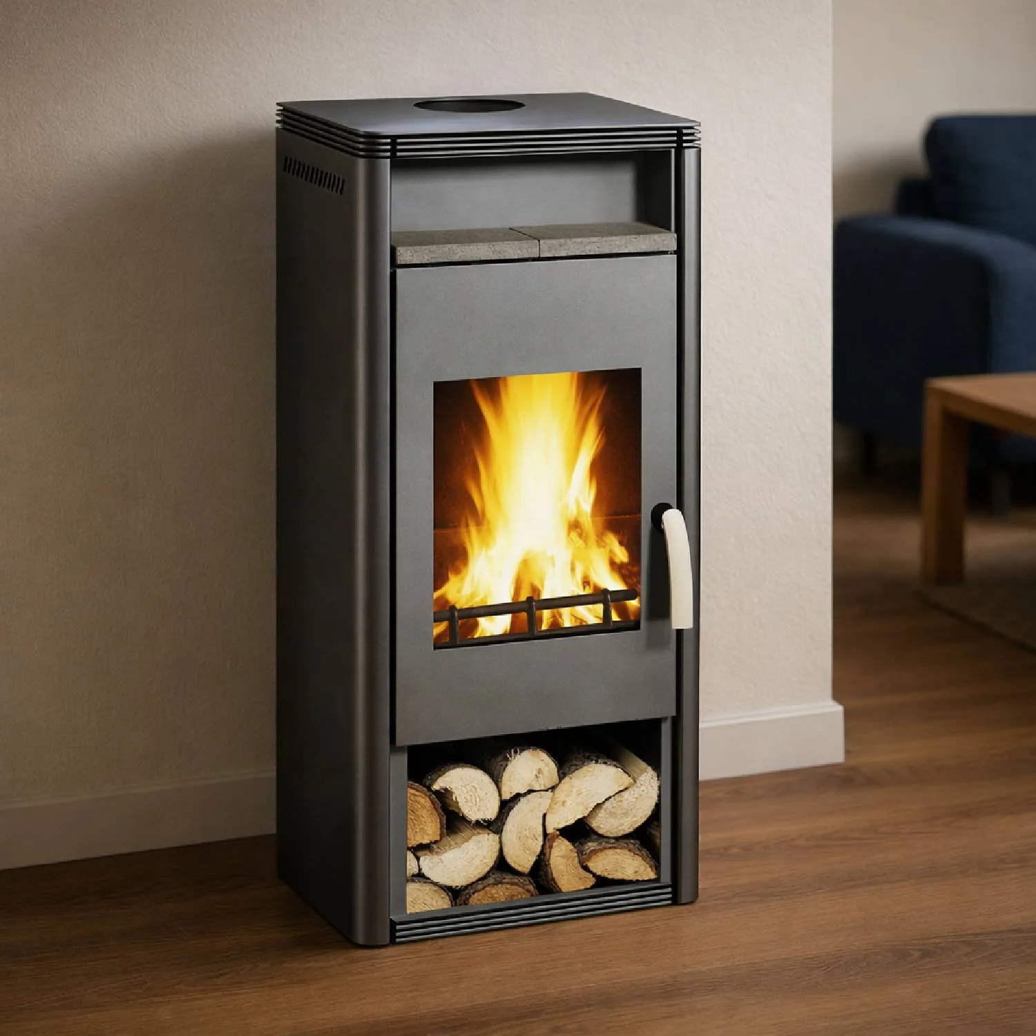 Wamsler poêle à bois « Fulgor » gris avec compartiment de maintien au chaud