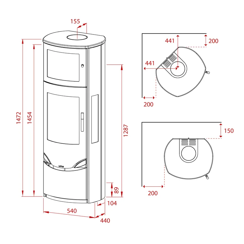 Lotus Prio 7 Poêle à bois Acier Gris avec Compartiment four / Verre latéral , RR arrière ou RR haut